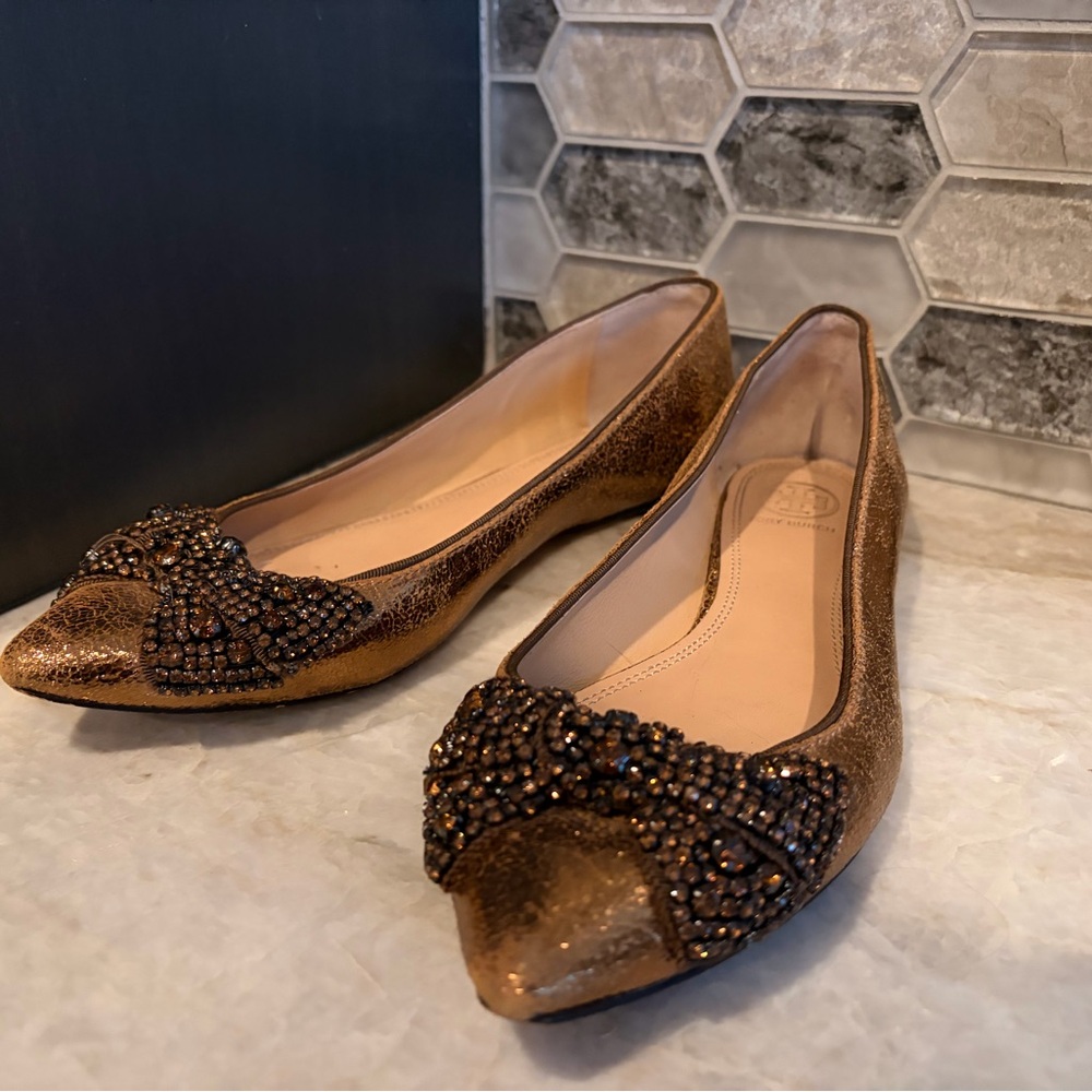 Tory Burch Bronze Beaded Bow Flats